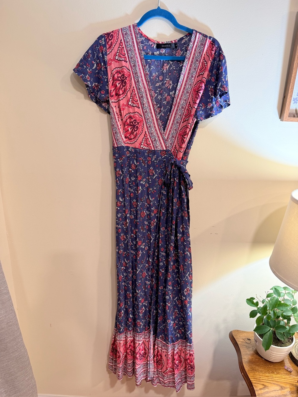 Boho Wrap Maxi Dress in Navy and Pink - Versatile V-Neck Tie Waist